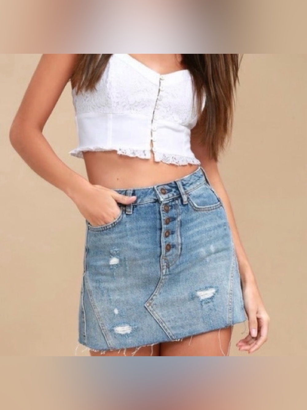 LIKE NEW Free People Harvey Distressed Button Fly Medium Wash Mini Skirt sz26